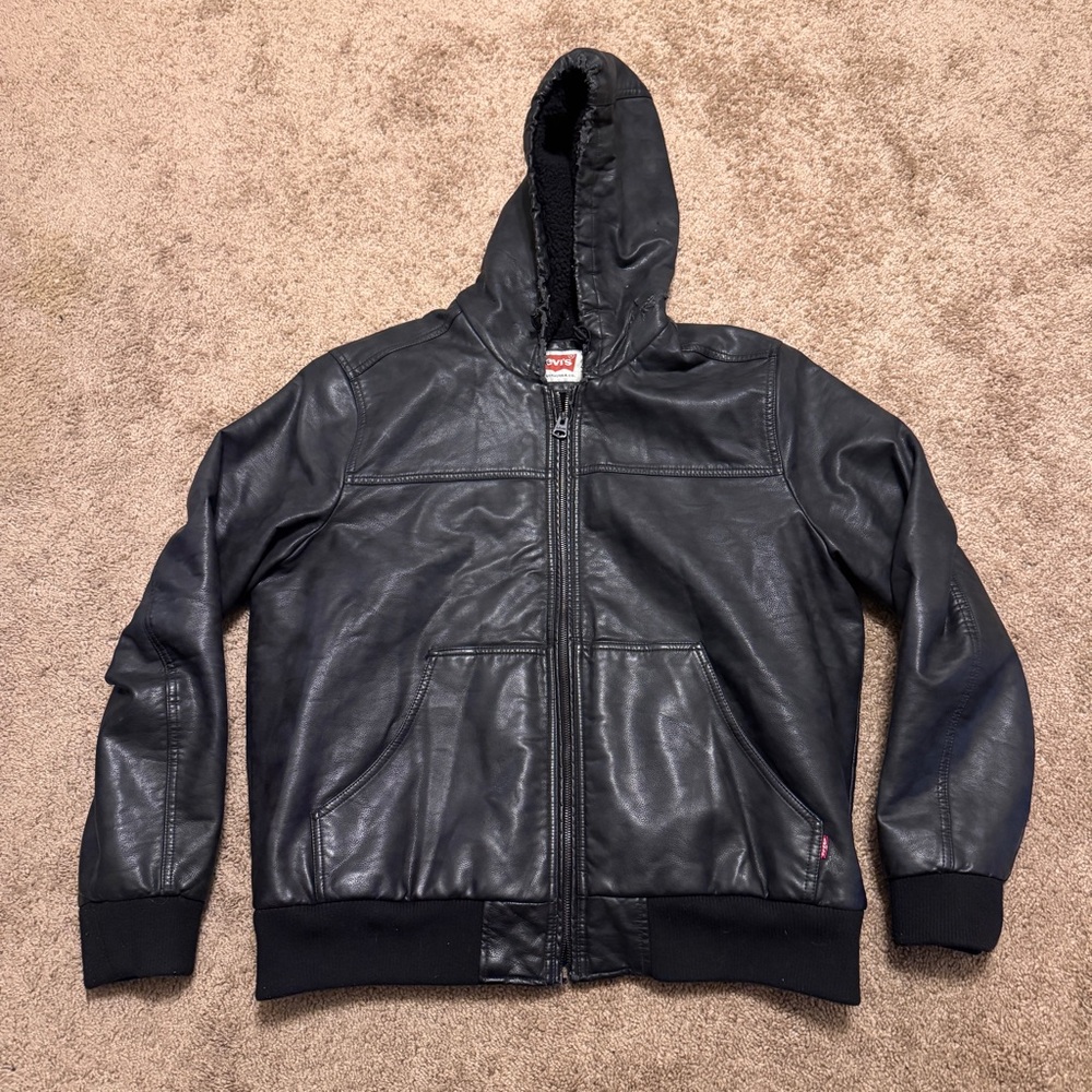 Levi Strauss Leather Jacket Mens XL Black Long Sleeve Pockets Casual